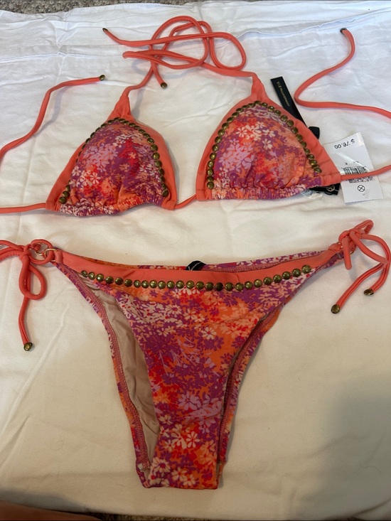 Vix Other - Vix Coral Pink & Purple Floral Studded Triangle Bikini